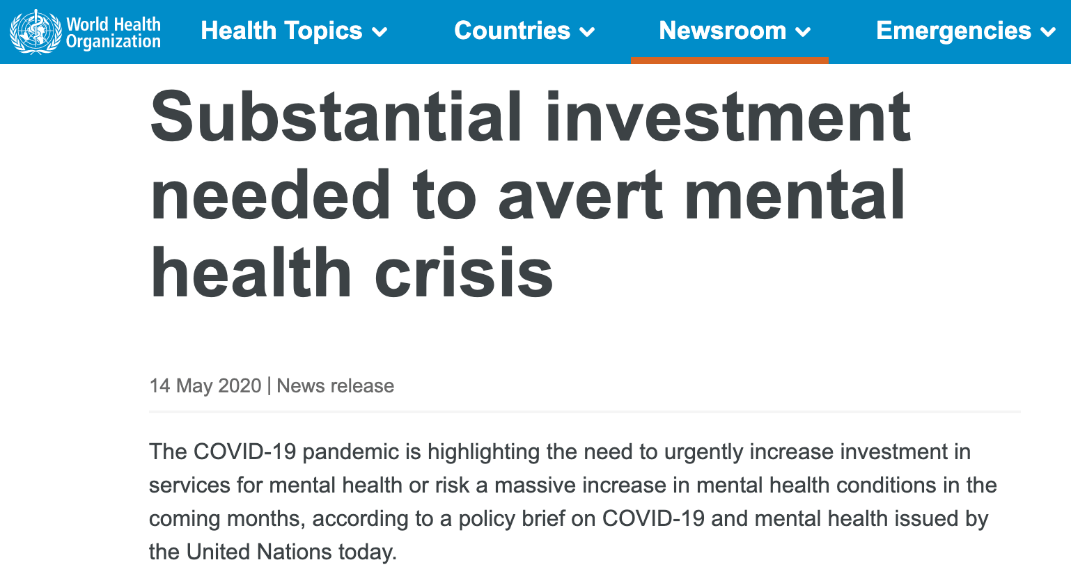 News release by the WHO - Social investment needed to avert mental health crisis