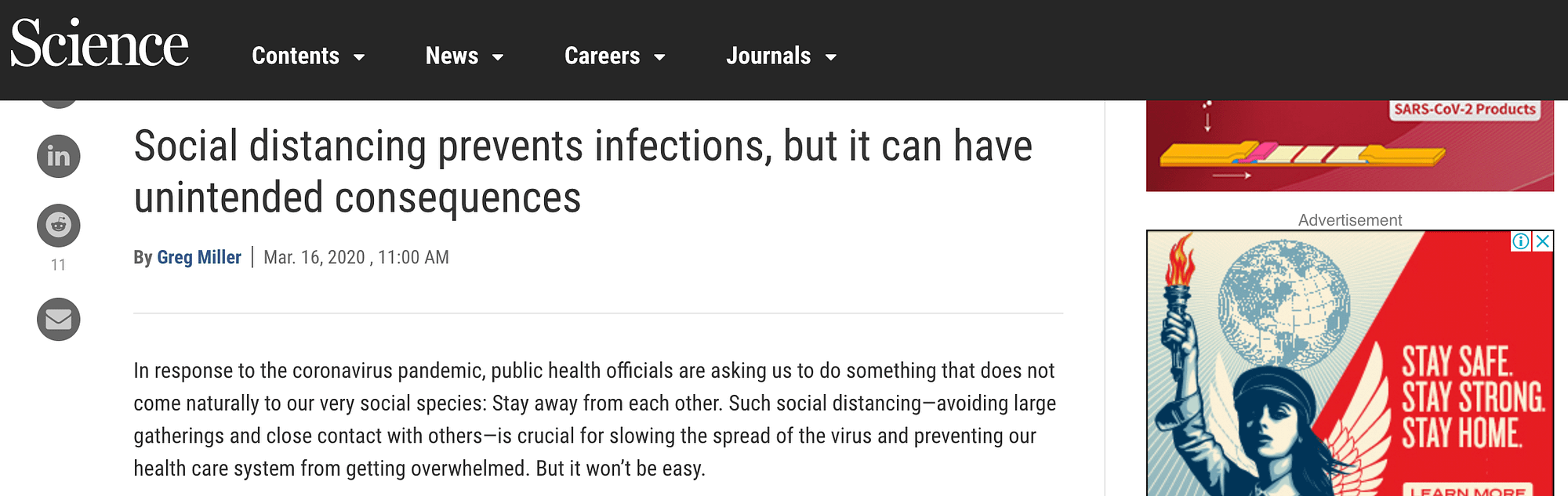 Science Magazine article - Social distancing prevents infections, but it can have unintended consequences