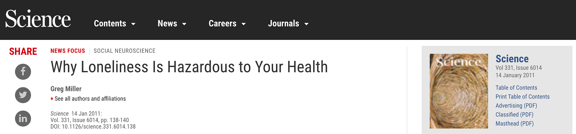 Science Magazine article - Why loneliness is hazardous to your health