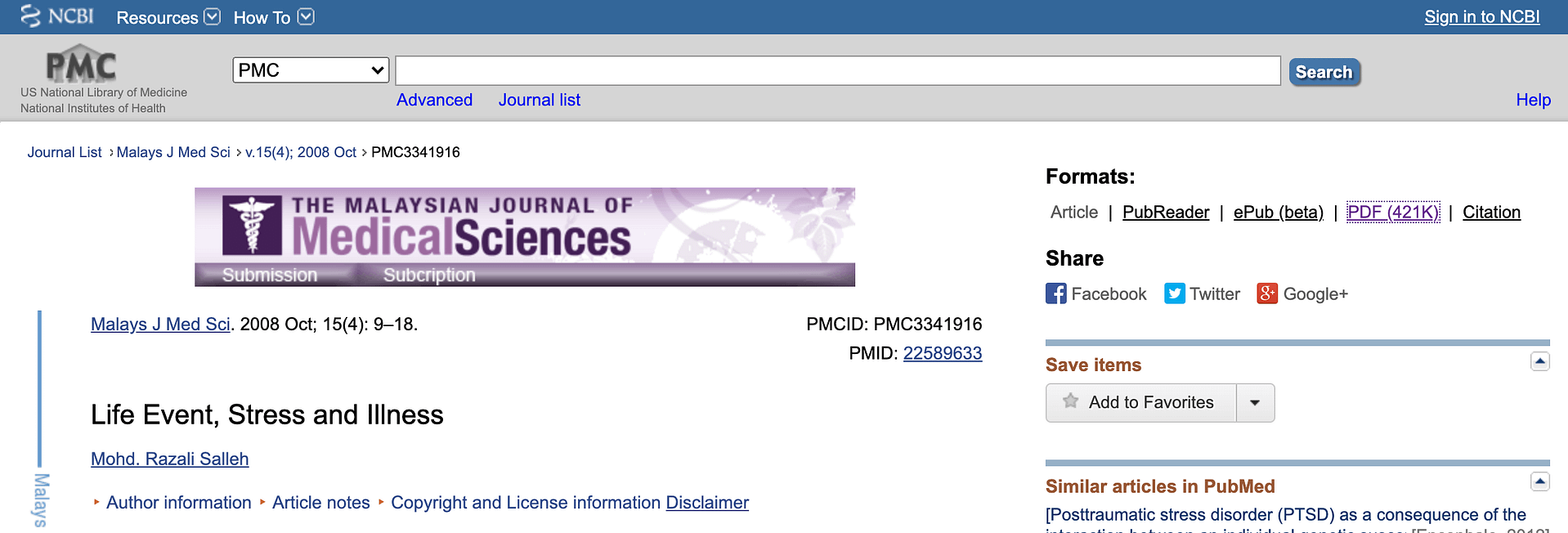 Research article on NCBI - Life Event, Stress and Illness
